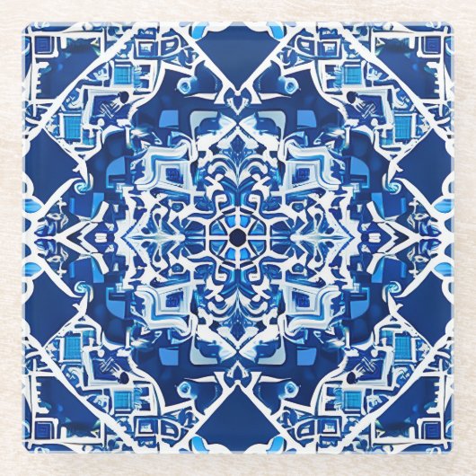 藍色とコバルトブルーのモザイクパターン ガラスコースター (正面)