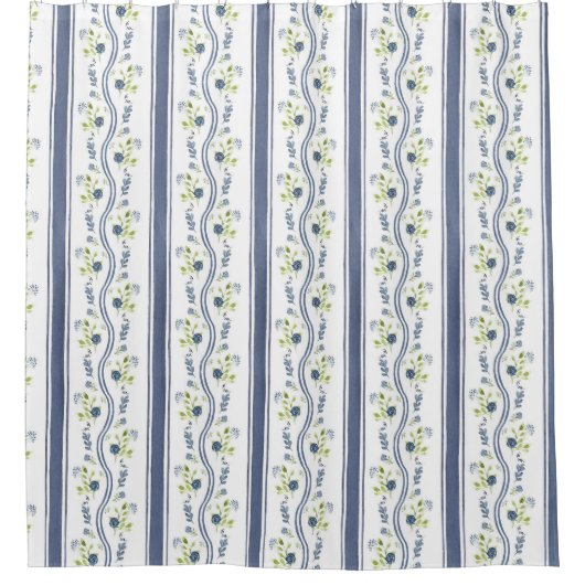 藍色と緑のフローラストライプーのシャワーカーテン シャワーカーテン (正面)