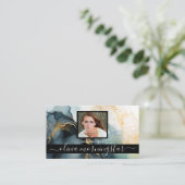 藍色と金ゴールド濃液インクQRと写真 名刺 (スタンド正面)