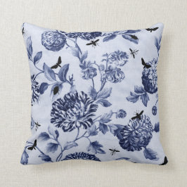 藍色のヴィンテージの植物の虫の花柄Toile クッション