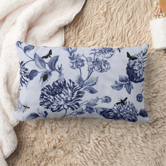藍色のヴィンテージの植物の虫の花柄Toile ランバークッション (ブランケット)