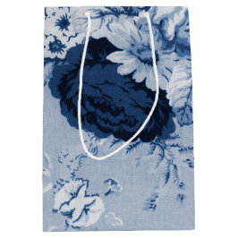 藍色のヴィンテージ花のToile No.4 ミディアムペーパーバッグ