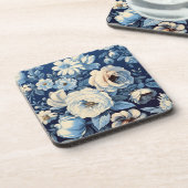 藍色の白いバラの背景 コースター (左側)
