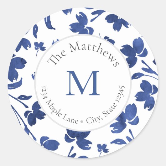 藍色の花の茎のラベル ラウンドシール (正面)