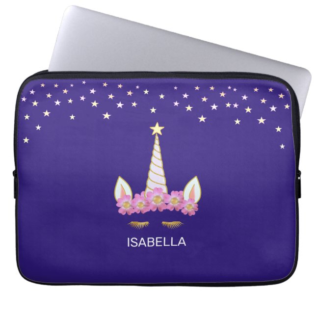 藍色の黄金の一角花と星 ラップトップスリーブ (正面)