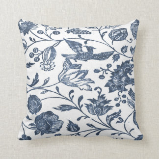 藍色のWoodblockの花柄の枕 クッション
