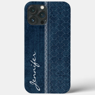 藍色刺し子模様の日本刺繍 名前 iPhone 13 PRO MAXケース