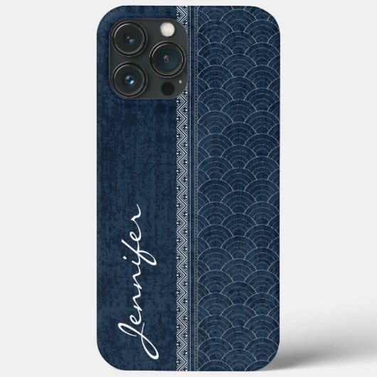 藍色刺し子模様の日本刺繍 名前 Case-Mate iPhoneケース (裏面)
