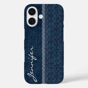 藍色刺し子模様の日本刺繍 名前 iPhone 16ケース