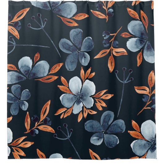 藍花の水色シームレスフローラルパターン シャワーカーテン (正面)