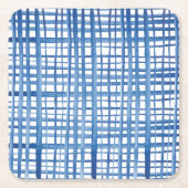 藍青しぼり水彩グリッドパターン スクエアペーパーコースター (正面)