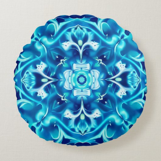 藍青の色合いの水彩曼荼羅花 ラウンドクッション (正面)