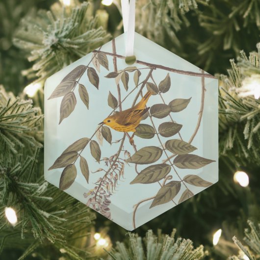 藤に青い目の黄色いコウノトリ ガラスオーナメント (インサイチュ)