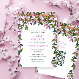 藤のカスタム B'nai Bat バー・ミッツヴァー QR コードの女の子 招待状