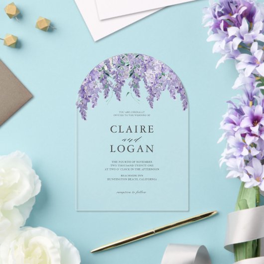 藤の塵の紫の水色結婚の アクリル招待状 (インサイチュ (ウェディング))