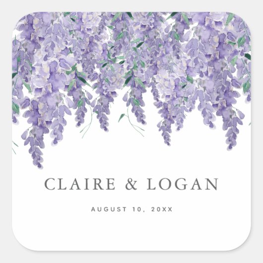 藤の淡紫色の水彩結婚式 スクエアシール (正面)