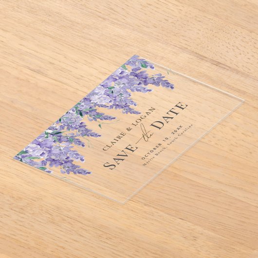 藤の紫の水彩結婚式の日付を保存 アクリル招待状 (レイダウン)
