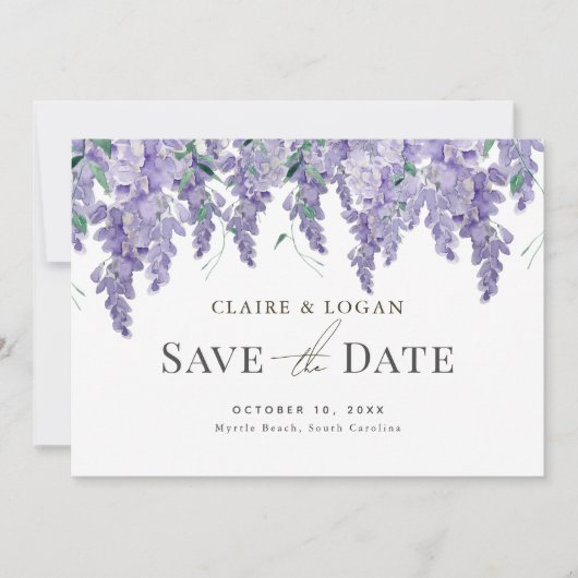 藤の紫の水彩結婚式の日付を保存 招待状 (正面)