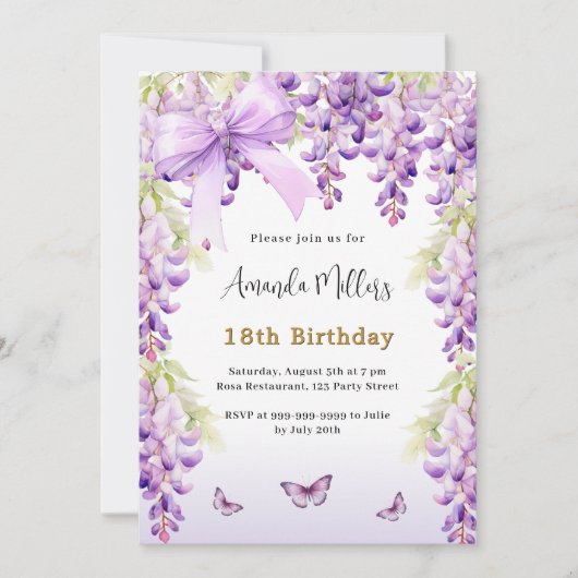 藤の紫の花模様蝶の蝶の誕生日 招待状 (正面)