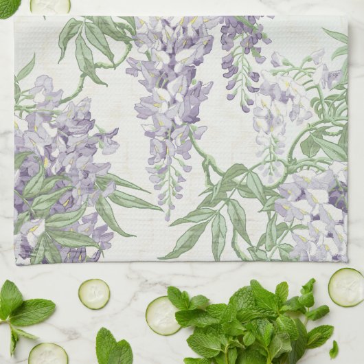 藤の花ライトブルーとラベンダーパターン キッチンタオル (折り畳み)