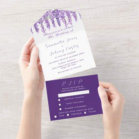 藤エレガントの水彩紫の薄紫の結婚A オールインワン招待状 (貼ってはがせる)