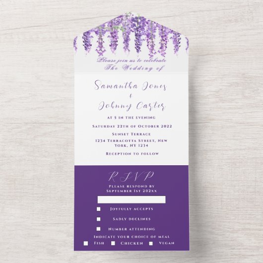 藤エレガントの水彩紫の薄紫の結婚A オールインワン招待状 (内側)