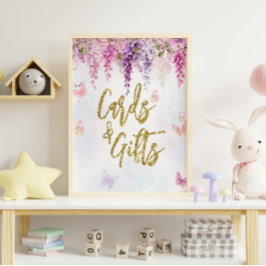 藤グリッター蝶誕生日カードギフト ポスター