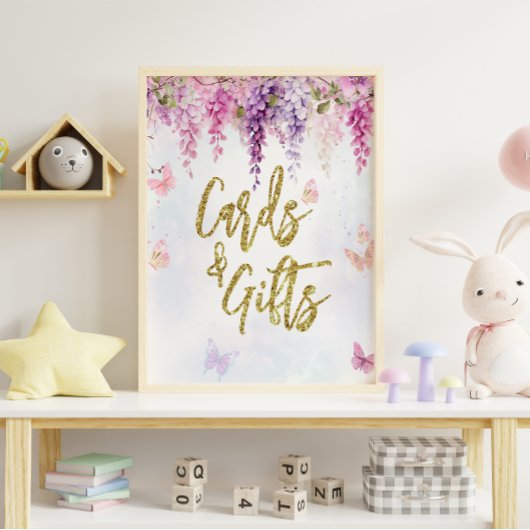 藤グリッター蝶誕生日カードギフト ポスター