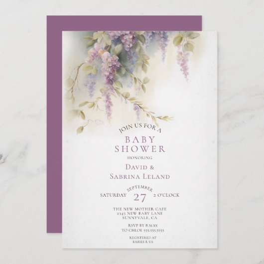 藤フローラ水彩夫婦の赤ちゃんシャワー 招待状 (正面/裏面)