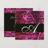 藤紫色のブラックシルクダマスク織物にモノグラム、白 招待状 (正面/裏面)