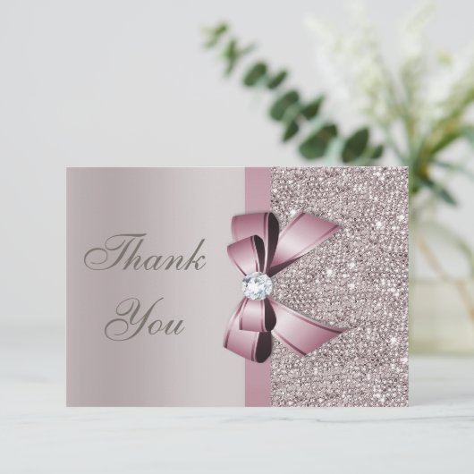 藤色の灰色のスパンコールのダイヤモンドの弓は感謝していしています サンキューカード (スタンド正面)