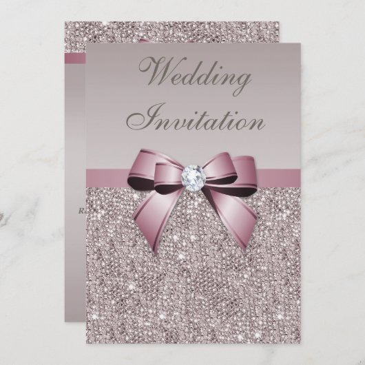 藤色の灰色のスパンコールのダイヤモンドの弓結婚式 招待状 (正面/裏面)