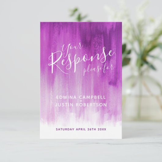 藤色の紫色の抽象美術の結婚式の応答カード 出欠カード (スタンド正面)