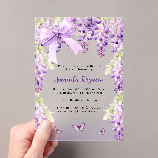 藤色の花と蝶のブーケ ウェディングシャワー アクリル招待状 (インサイチュ (ポータブル))