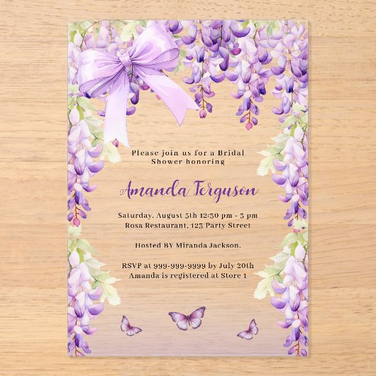 藤色の花と蝶のブーケ ウェディングシャワー アクリル招待状 (正面)