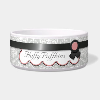 藤色及び灰色のリボンのデザインのダマスク織犬ボール ボウル