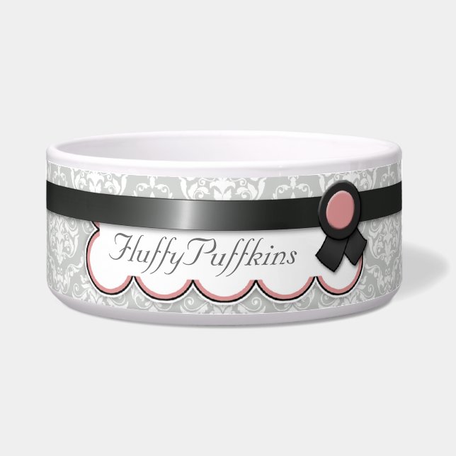 藤色及び灰色のリボンのデザインのダマスク織犬ボール ボウル (正面)