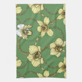 蘭とチェーン、黄色とケリーグリーン キッチンタオル (縦)