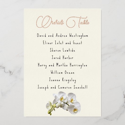 蘭のゲストリストテーブルシーティングカード 箔招待状 (正面)