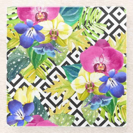 蘭のベゴニアおよびシュロの葉 ガラスコースター (正面)