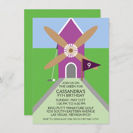 蘭のミニゴルフの風車の誕生会 招待状 (正面/裏面)