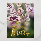 蘭の熱帯フローラハッピーバースデー実在金ゴールド 箔シーズンポストカード (正面)