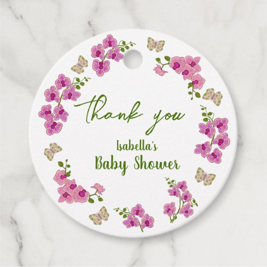 蘭の熱帯蝶の紫ピンベビーシャワー フェイバータグ (正面)