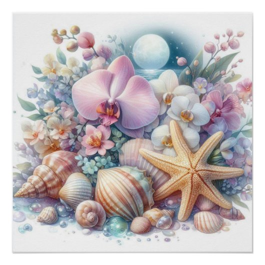 蘭の花と貝殻 ヒトデ 水彩画 ポスター (正面)