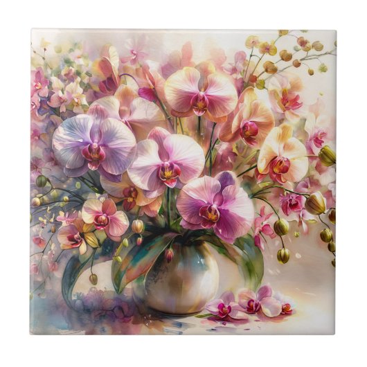 蘭の花の優雅な水彩画ボタニカルアート タイル (正面)