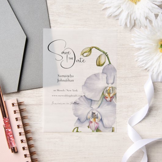 蘭の花の白い花びらは日付を保存 ベラム紙招待状 (ウェディング)