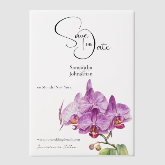 蘭の花の紫の花びらは日付を保存 ベラム紙招待状 (正面)