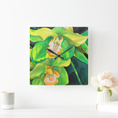 蘭の花は緑と黄の芸術 スクエア壁時計 (ホーム)