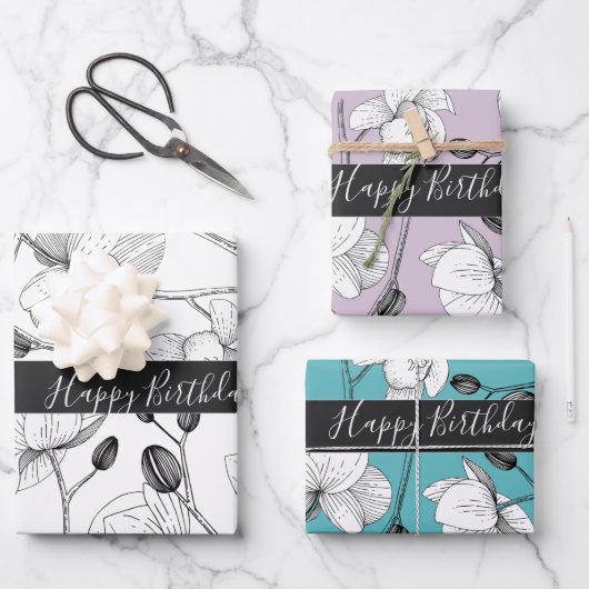 蘭エレガント白ラベンダーターコイズフローラ ラッピングペーパーシート (正面)