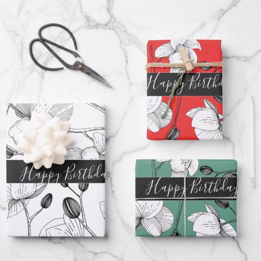 蘭エレガント蘭の白い赤い緑のシックなフローラ ラッピングペーパーシート (正面)